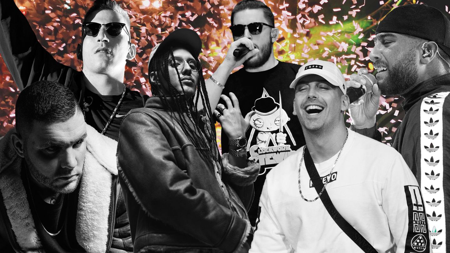Die Rapper Fler, Rin, Bausa, Gzuz, Raf Camora und Nimo aus Deutschland auf einem Bild.