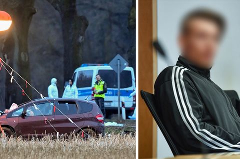 Ein zerstörtes Auto in einem Feld der Dreifachmörder vor Gericht