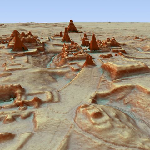 Dieses durch LiDAR Luftbildvermessung hergestellte 3D-Bild zeigt eine Darstellung der Ausgrabungsstätte einer Maya-Stadt.