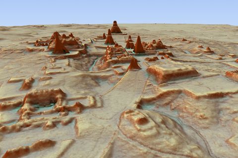 Dieses durch LiDAR Luftbildvermessung hergestellte 3D-Bild zeigt eine Darstellung der Ausgrabungsstätte einer Maya-Stadt.