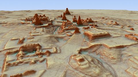 Dieses durch LiDAR Luftbildvermessung hergestellte 3D-Bild zeigt eine Darstellung der Ausgrabungsstätte einer Maya-Stadt.
