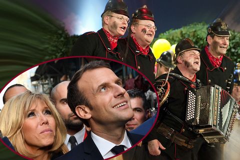 Brigitte Macron und Emmanuel Macron in der Bildkombo mit der Narrentruppe "Altneihauser Feierwehrkapell'n".