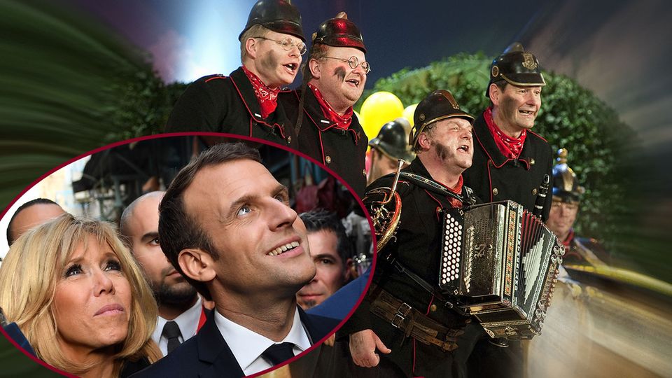 Brigitte Macron und Emmanuel Macron in der Bildkombo mit der Narrentruppe "Altneihauser Feierwehrkapell'n".