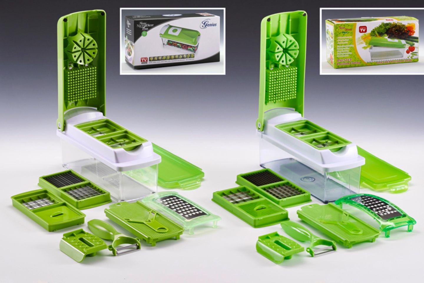 Gewinner Plagiarius 2018: Küchen-Schneidgerät "Nicer Dicer Plus"  Das Original (links) kommt von der deutschen Firma Genius aus Limburg, das Plagiat aus China. Die chinesische Firma kopiert auch viele andere Genius-Produkte, inklusive Firmen- und Produktnamen. Die Schneidklingen der Fälschung sind laut "Aktion Plagiarius" stumpf und brechen leicht, der verwendete Kunststoff enthält gesundheitsschädliche Substanzen.