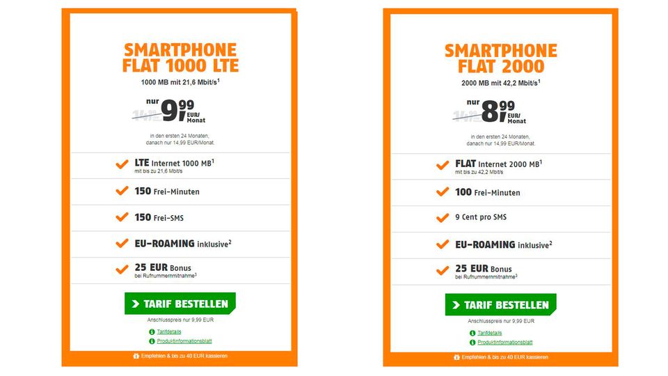 Klarmbol Tarif Die beiden Tarife von Klarmobil im Vergleich: Links mit LTE, rechts ohne (Quelle)
