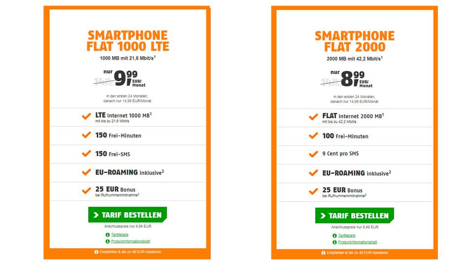 Die beiden Tarife von Klarmobil im Vergleich: Links mit LTE, rechts ohne (Quelle)