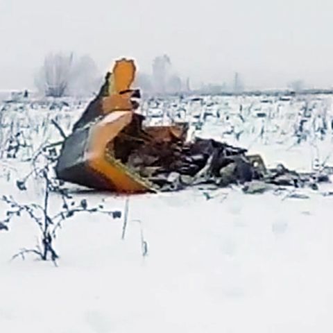 Das Standbild aus einem Video, welches von Life.ru über die AP zur Verfügung gestellt wurde, zeigt Trümmerteile eines Flugzeugs vom Typ An-148 auf einer Wiese ca. 40 km vom Flughafen Domodedowo entfernt. 