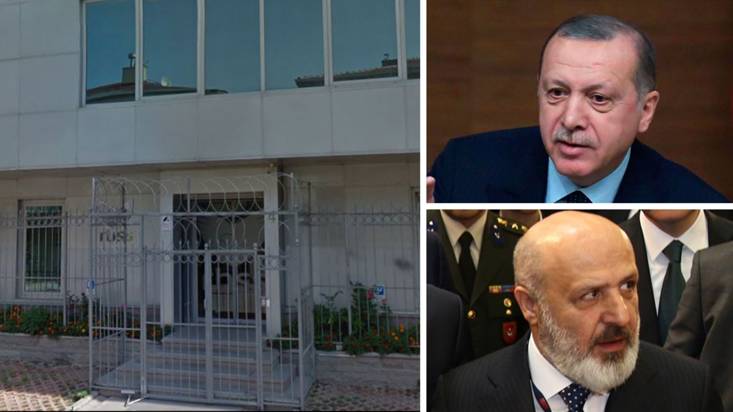 Türkischer Präsident Recep Erdogan, Geschäftsmann Ethem Sancak und das schwer gesicherte Gebäude des Rheinmetall-Partners BMC