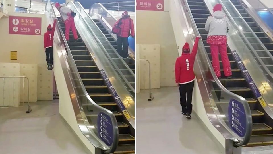 Olympia 2018: Schweizer Skifahrer fährt Rolltreppe wie ein Champ - selbst Lindsey Vonn ist verrückt nach ihm Olympia 2018: Schweizer Skifahrer fährt Rolltreppe wie ein Champ - selbst Lindsey Vonn ist verrückt nach ihm