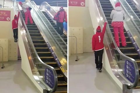 Olympia 2018: Schweizer Skifahrer fährt Rolltreppe wie ein Champ - selbst Lindsey Vonn ist verrückt nach ihm