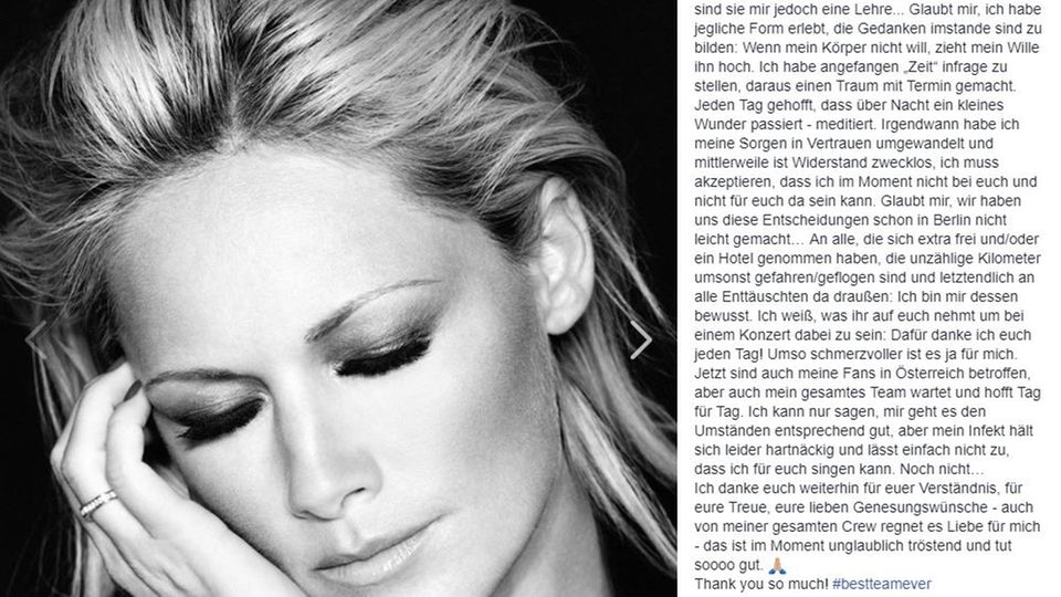 Neben einem Schwarz-weiß-Foto von Helene Fischer sind die Zeilen zu sehen, die die Sängerin auf Facebook an ihre Fans schrieb