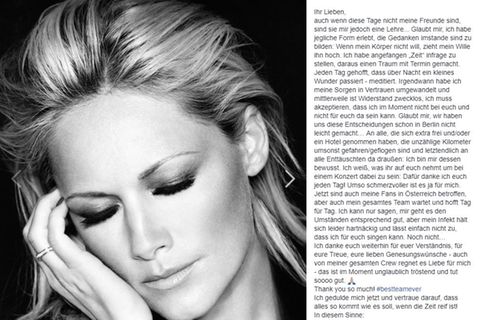 Neben einem Schwarz-weiß-Foto von Helene Fischer sind die Zeilen zu sehen, die die Sängerin auf Facebook an ihre Fans schrieb