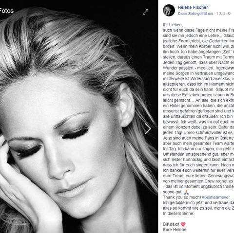 Neben einem Schwarz-weiß-Foto von Helene Fischer sind die Zeilen zu sehen, die die Sängerin auf Facebook an ihre Fans schrieb