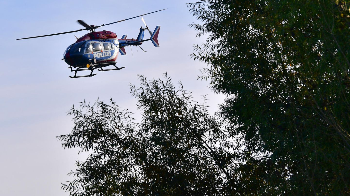 Ein Hubschrauber fligt über Baumwipfel