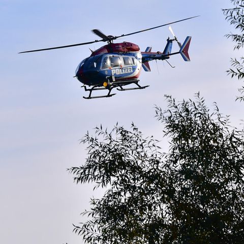 Ein Hubschrauber fligt über Baumwipfel