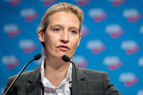 AfD-Fraktionsvorsitzende Alice Weidel steht an zwei Mikrofonen
