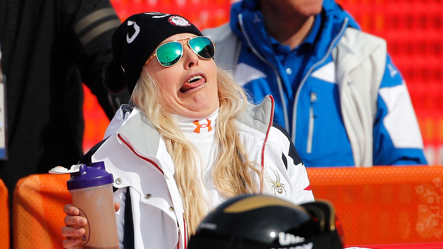 Echte Komikerin: Skirennfahrerin Lindsey Vonn weint oft auf Pressekonferenzen. Aber der Ski-Star kann auch anders, wie hier unschwer zu erkennen ist. Während des Trainings in Pyeongchang schneidet sie ganz entspannt Grimassen.