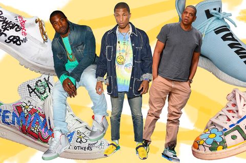 Vier Sneaker von unterschiedlichen Marken auf einem Bild und die Rapper Pharrell, Kanye West und Jay-Z