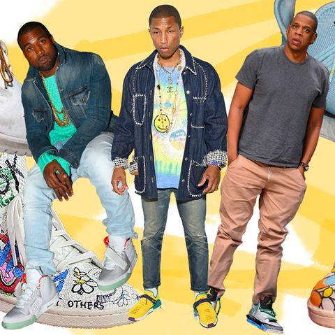 Vier Sneaker von unterschiedlichen Marken auf einem Bild und die Rapper Pharrell, Kanye West und Jay-Z