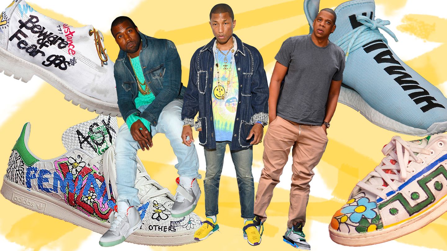 Vier Sneaker von unterschiedlichen Marken auf einem Bild und die Rapper Pharrell, Kanye West und Jay-Z