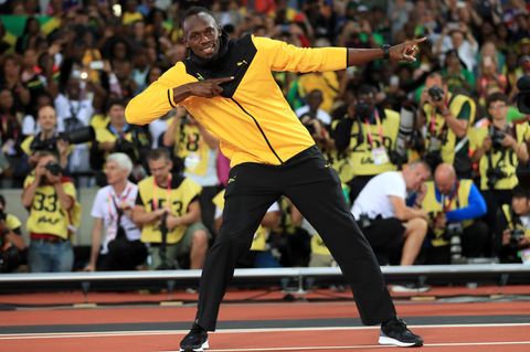 Usain Bolt zeigt seinen berühmten Blitz