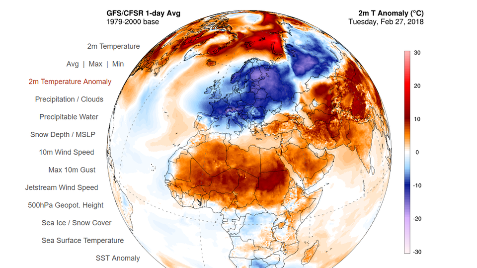 In der Arktis stellenweise zu warm, in Europa zu kalt - die Temperaturabweichungen vom langjährigen Mittel