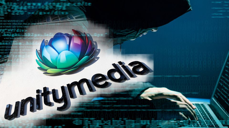 Unitymedia-Logo, ein Mann an einer Computertastatur