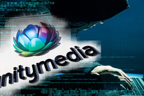 Unitymedia-Logo, ein Mann an einer Computertastatur