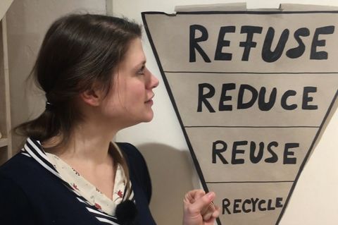 Frau mit einer Darstellung der fünf Prinzipien des Zero Waste