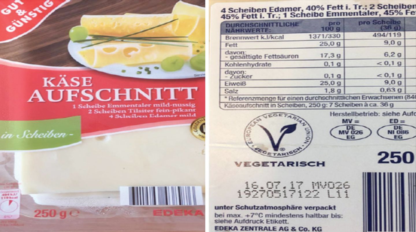 So ist eine Portionsangabe sinnvoll: Auf der Käsepackung von Edeka ist angegeben, wieviel Nährwert in einer Scheibe à 36 Gramm steckt.