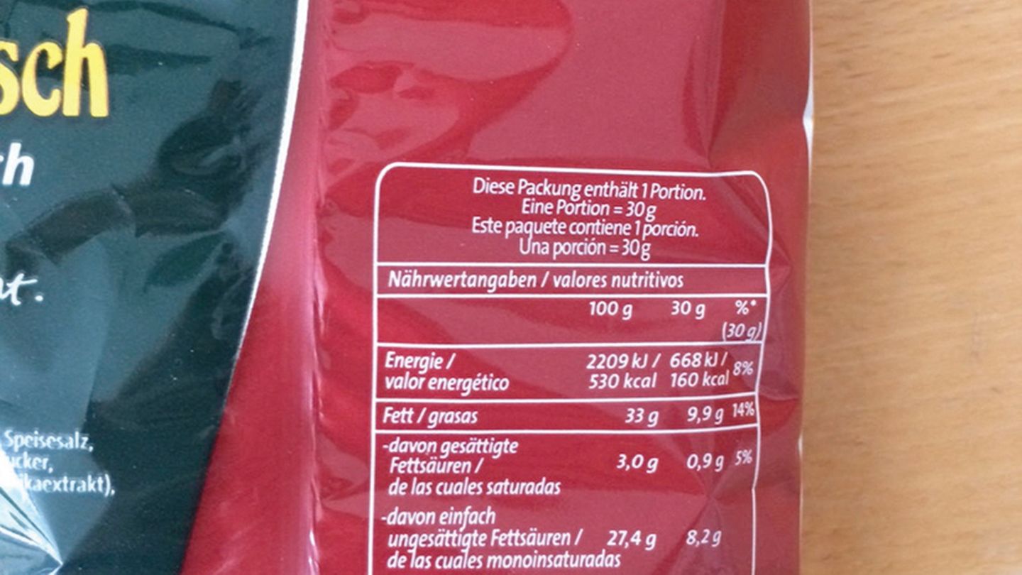 Bei dieser 50-Gramm-Packung Chips ist die Portionsgröße mit 30 Gramm angegeben.  Ehrlicher wäre es, den Energie- und Fettgehalt für den vollen Inhalt von 50 Gramm aufzudrucken.