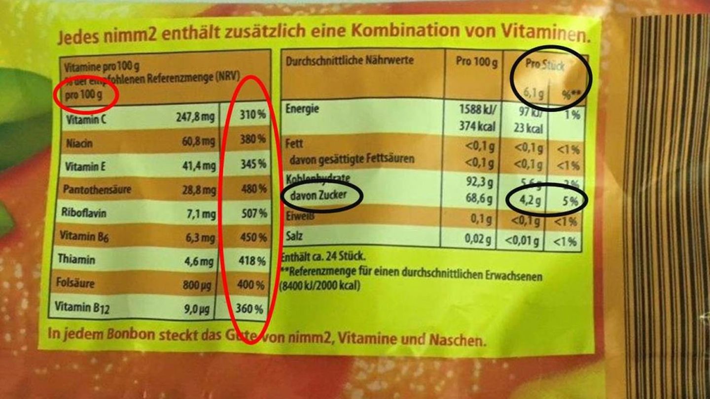 Zweierlei Maß: Während Nährwertangaben wie Zucker in der rechten Tabelle auch auf den einzelnen Bonbon (=6,1 Gramm) runtergerechnet sind, wird in der Tabelle der enthaltenen Vitamine links nur der bombastische Wert je 100 Gramm ausgewiesen.