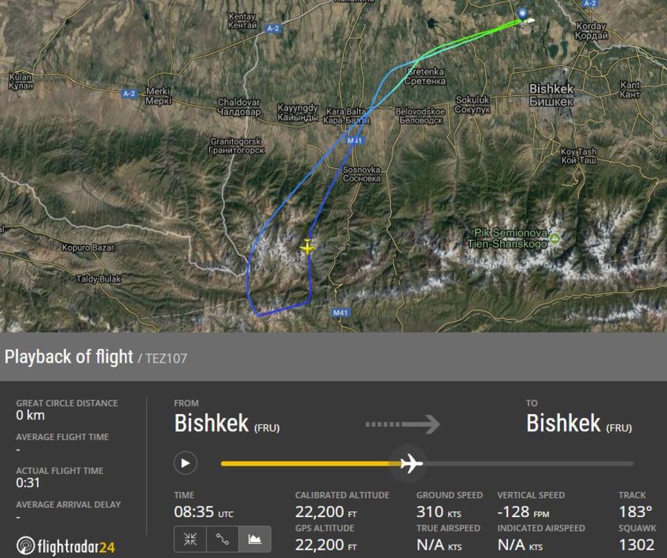 Schon kurz nach dem Start flog am Montag der Regionaljet eine 180-Kurve und landete wieder in Bischek.
