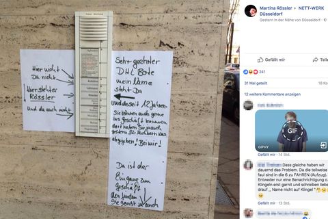 Ein Screenshot von der Facebook-Seite von Martina Rössler mit aufwendiger Anleitung für den DHL-Boten am Klingelschild.
