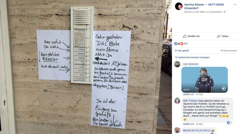Klingelschild Martina Rössler DHL Ein Screenshot von der Facebook-Seite von Martina Rössler mit aufwendiger Anleitung für den DHL-Boten am Klingelschild.