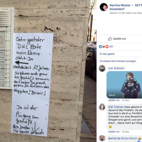 Ein Screenshot von der Facebook-Seite von Martina Rössler mit aufwendiger Anleitung für den DHL-Boten am Klingelschild.