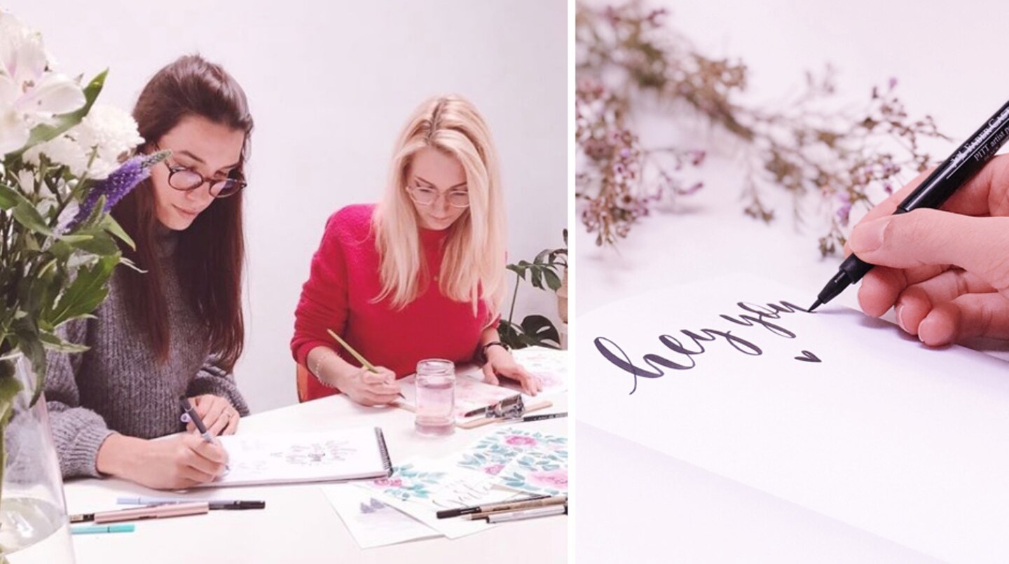 Sue und Yasmin links auf dem Bild. Rechts sieht man ein Lettering