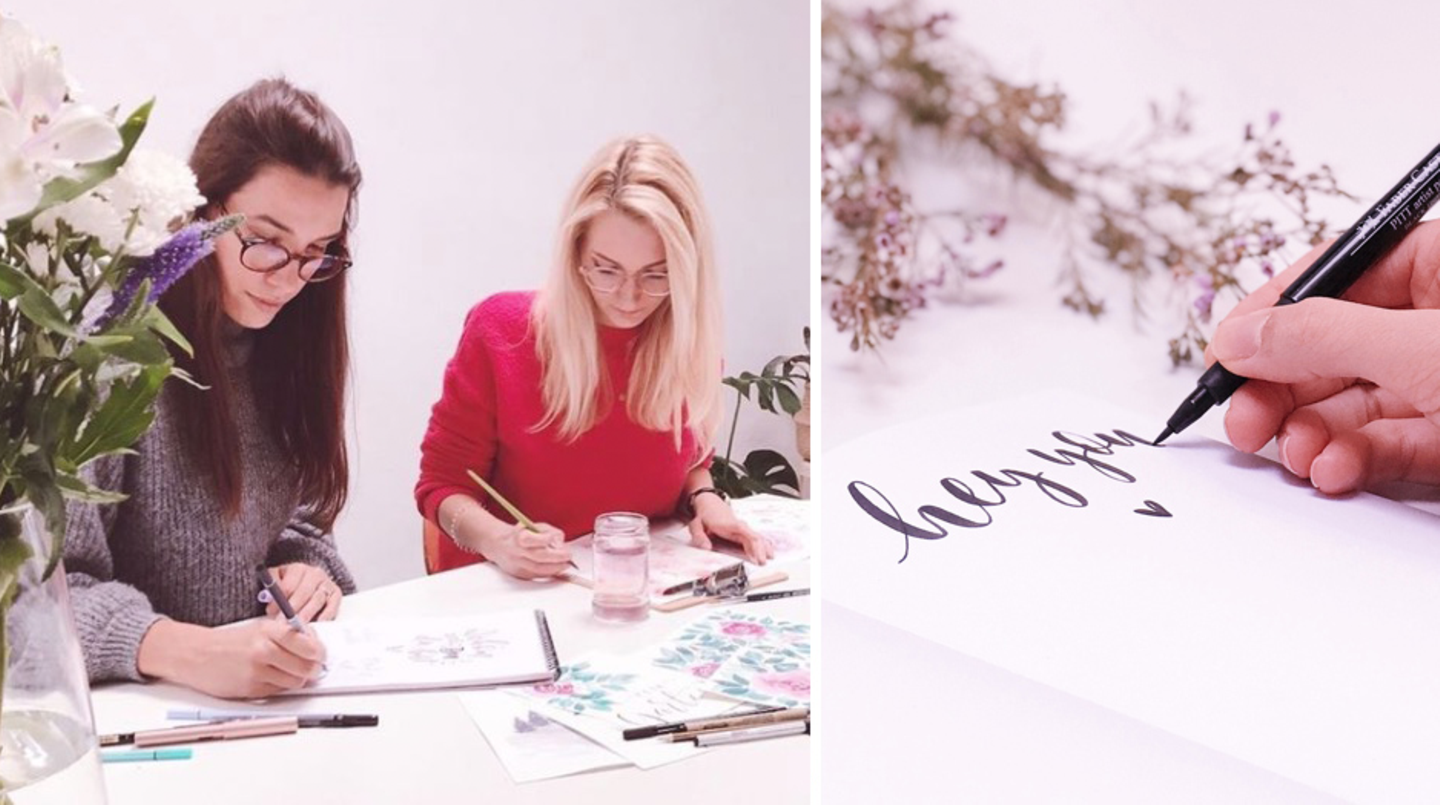Sue und Yasmin links auf dem Bild. Rechts sieht man ein Lettering