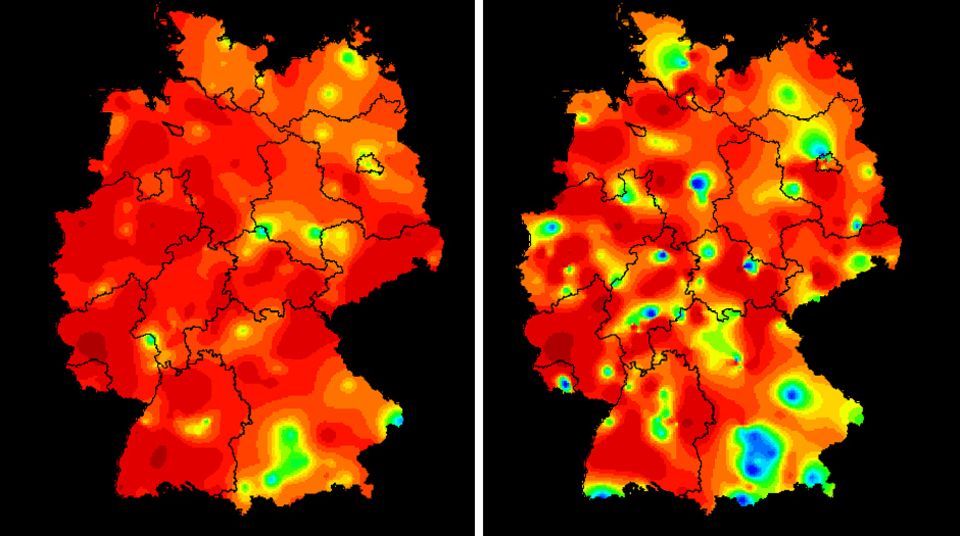 Influenza 2018: Aktivität der akuten Atemwegserkrankungen: Die achte Kalenderwoche (links) im Vergleich zur neunten Kalenderwoche. Rot steht für eine stark erhöhte Aktivität - blau für eine normale. Aktivität der akuten Atemwegserkrankungen: Die achte Kalenderwoche (links) im Vergleich zur neunten Kalenderwoche. Rot steht für eine stark erhöhte Aktivität - blau für eine normale.