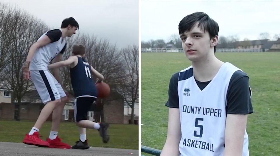 Eine Kombo zeigt links einen 2,24 Meter großen Teenager beim Basketball, rechts sitzt Brandon Marshall im Sportdress da.