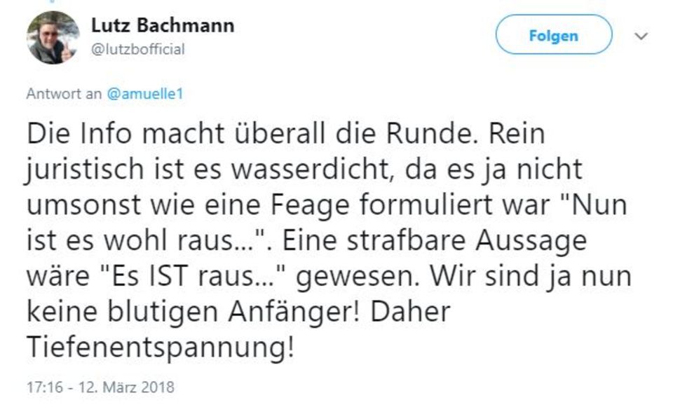 Mit diesem Tweet versucht Lutz Bachmann, seine falsche Anschuldigung zu rechtfertigen Mit diesem Tweet versucht Lutz Bachmann, seine falsche Anschuldigung zu rechtfertigen