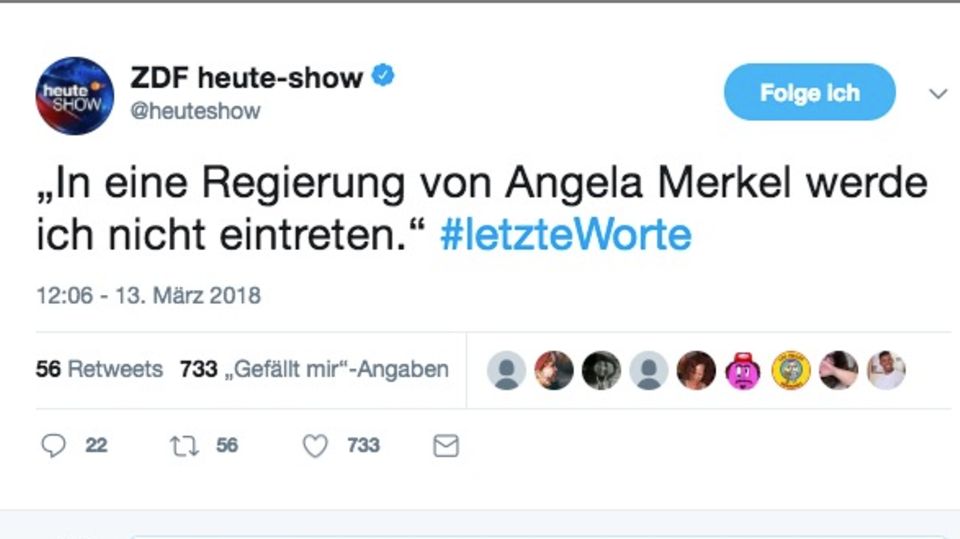 Die Satiriker von der heute-show konnten sich diesen #letzteWorte-Tweet in Richtung Martin Schulz nicht verkneifen Ein abfotografierter Tweet der heute-show