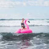 ... dann mit Fred, dem Flamingo, die Wellen reiten.