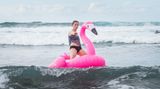 ... dann mit Fred, dem Flamingo, die Wellen reiten.