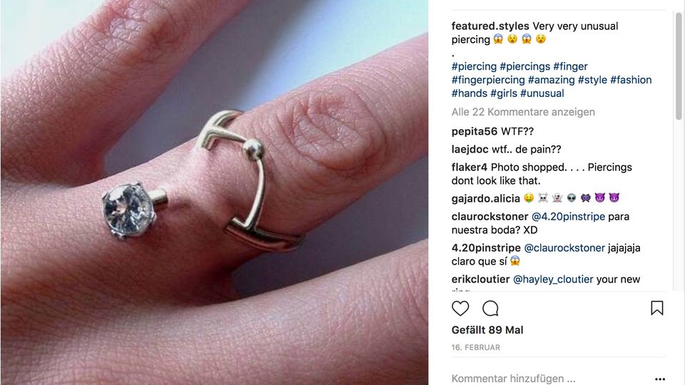 Ein Screenshot eines Fotos eines Piercingrings bei Instagram