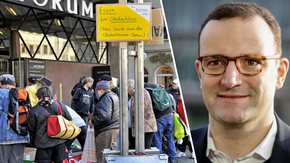 Armut: Obachlose an einer Essensausgabe, Jens Spahn