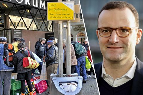 Armut: Obachlose an einer Essensausgabe, Jens Spahn