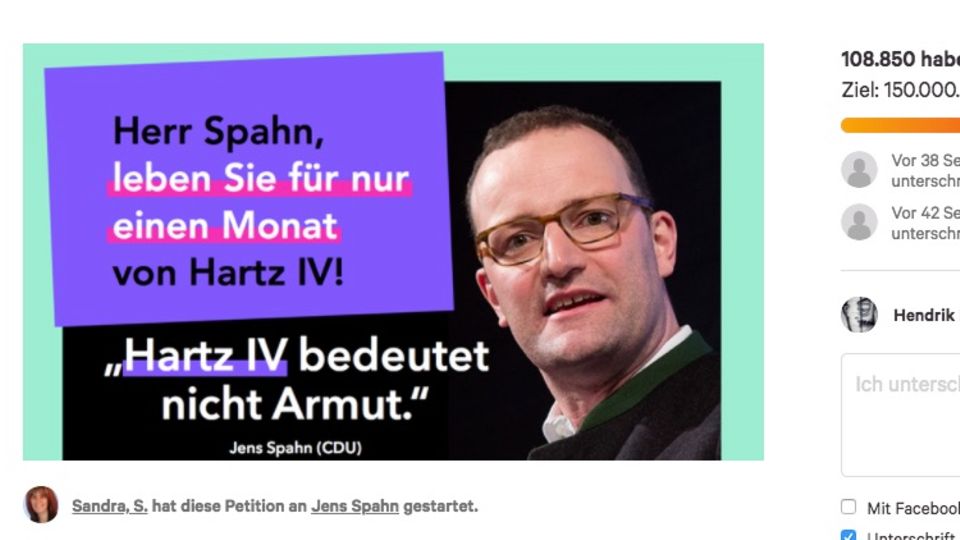 In wenigen Tagen haben mehr als 100.000 Menschen an der Petition teilgenommen Screenshot der change.org-Petition zu Jens Spahn