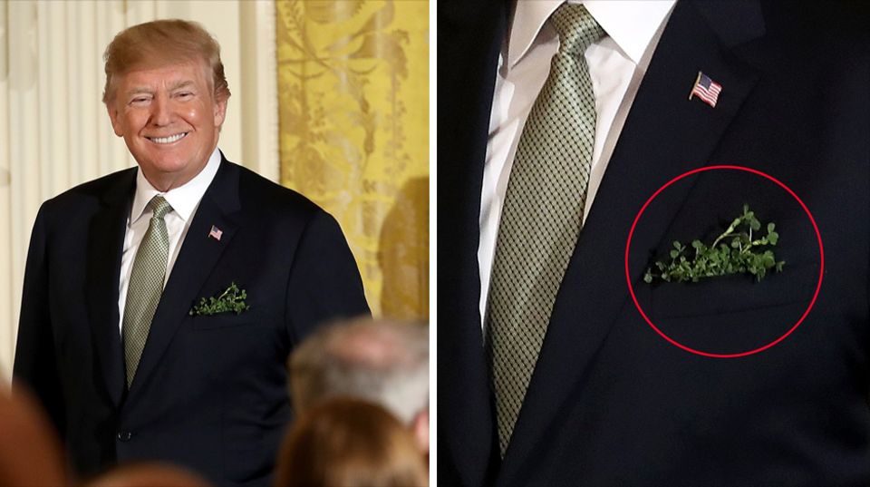 Eine Kombo links zeigt den US-Präsidenten Donald Trump und rechts, dass er Klee in der Tasche für das Eintstektuch trägt