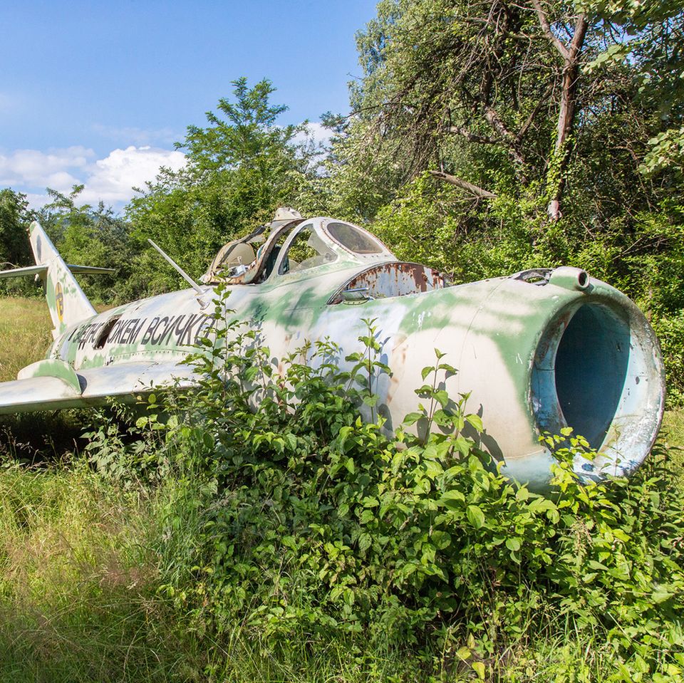 Bild 1 von 12 der Fotostrecke zum Klicken:  Dieser MiG-Jet ist alles andere als kampfbereit: Mitten im Grünen rostet diese alte sowjetische Maschine friedlich vor sich hin.